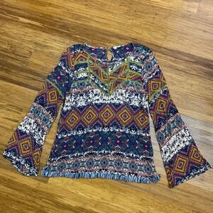 Umgee Bohemian Bell Sleeve‎ Top Aztec Diamond Print Multicolor Lace Size Small